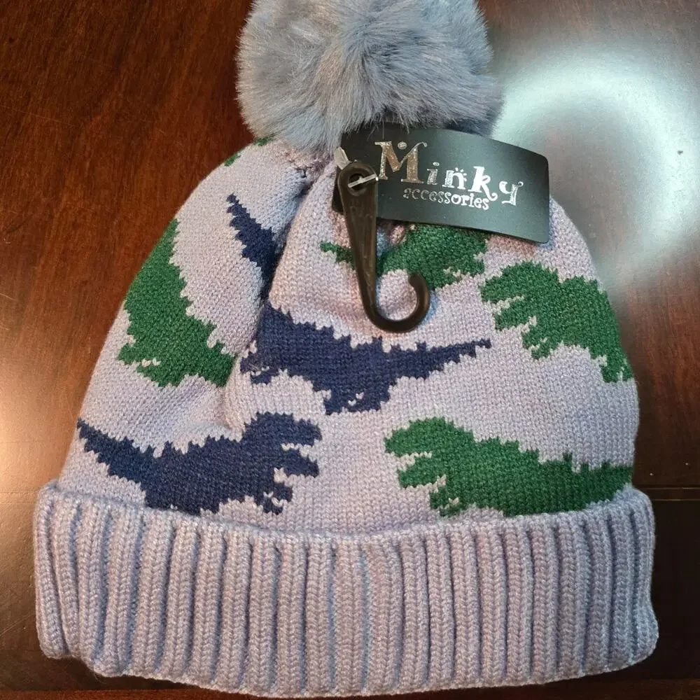 Minky Gray Dinosaur Pom Pom infant Beanie Hat NWT
